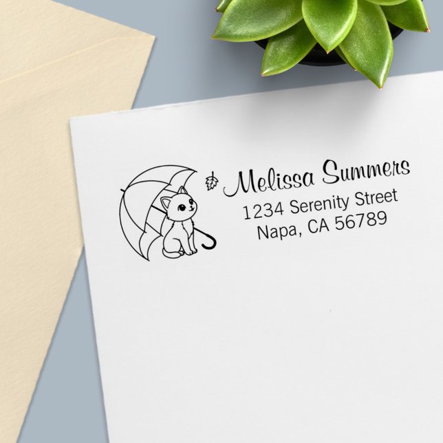 Cute Cat under Umbrella Address Self-inking Stamp (Creator Uploaded)