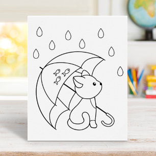 Cute Cat under Umbrella Colouring Page Poster