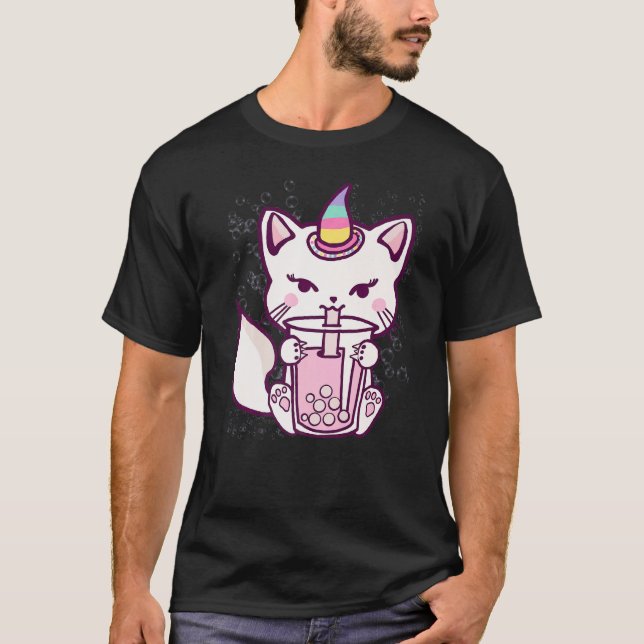 Cute Cat Unicorn Drinking Bubble Tea T-Shirt (Front)