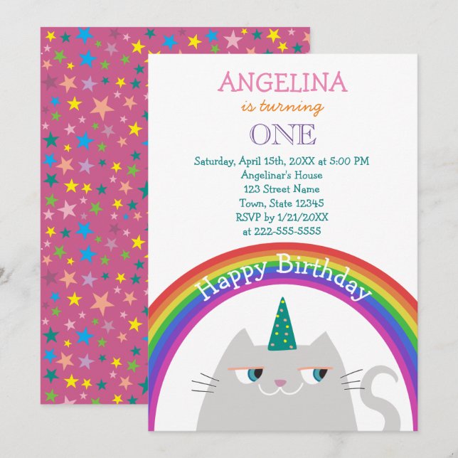Cute Cat Unicorn Girl 1st Birthday Invitation (Front/Back)