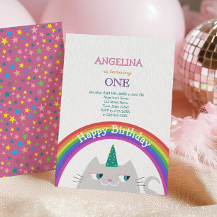 Cute Cat Unicorn Girl 1st Birthday Invitation