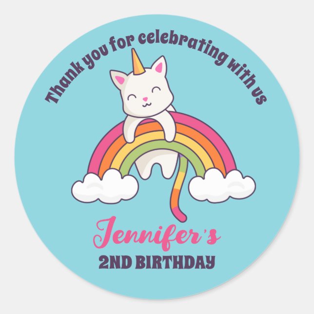 Cute Cat Unicorn Girls Birthday Party Favour Classic Round Sticker (Front)