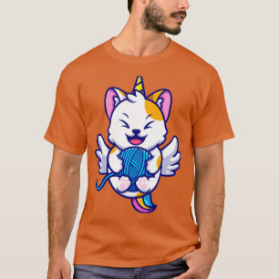 Cute Cat Unicorn Playing Yarn Ball Cartoon T-Shirt