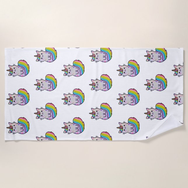 Cute cat unicorn rainbow beach towel (Front)
