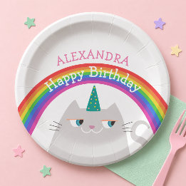 Cute Cat Unicorn Rainbow Birthday Paper Plate