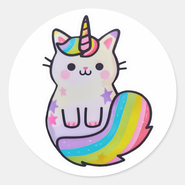 Cute cat unicorn rainbow classic round sticker (Front)