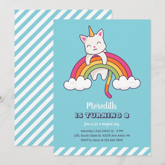 Cute Cat Unicorn Rainbow Girl Birthday Invitation (Front/Back)