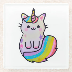 Cute cat unicorn rainbow glass coaster