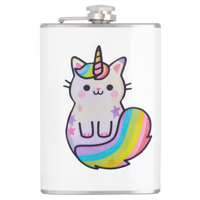 Cute cat unicorn rainbow hip flask (Front)