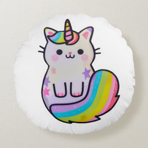 Cute cat unicorn rainbow round cushion