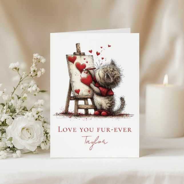 Cute Cat Valentine’s Day Card – Love You Fur-ever (Cute Cat Valentine’s Day Card – Love You Fur-ever on a table with white flowers and a candle.)