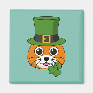 Cute Cat w Green Hat and Shamrock St Patrick's Magnet