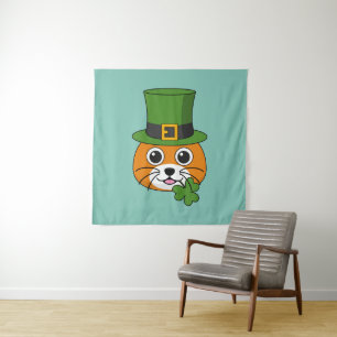 Cute Cat w Green Hat and Shamrock St Patrick's Tapestry