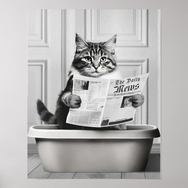 Cute Cat Wall Art, Black and White small Bathroom Poster (Front)