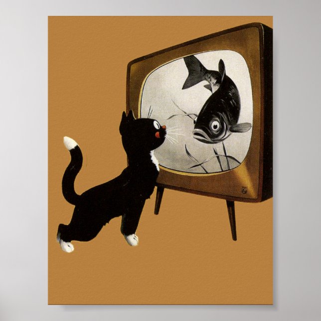 Cute cat watching TV vintage poster (Front)