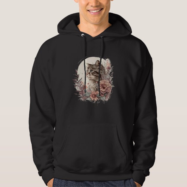 Cute Cat Watercolor Botanical Garden Aesthetic Cat Hoodie (Front)