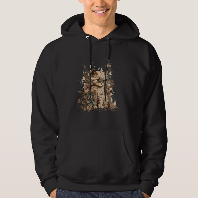 Cute Cat Watercolor Botanical Garden Aesthetic Cat Hoodie (Front)