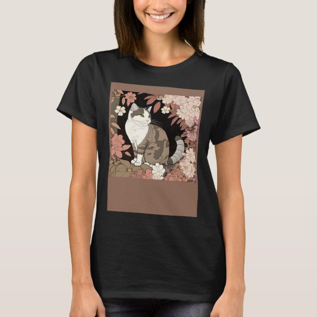Cute Cat Watercolor Botanical Garden Aesthetic Cat T-Shirt (Front)
