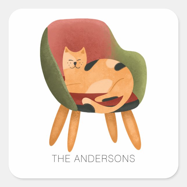 Cute Cat Watercolor Name Square Sticker (Front)