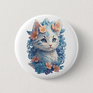 Cute Cat Watercolor Painting with Floral Splash 6 Cm Round Badge