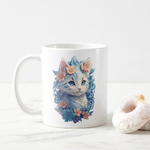 Cute Cat Watercolor Painting with Floral Splash Coffee Mug