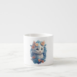 Cute Cat Watercolor Painting with Floral Splash Espresso Cup