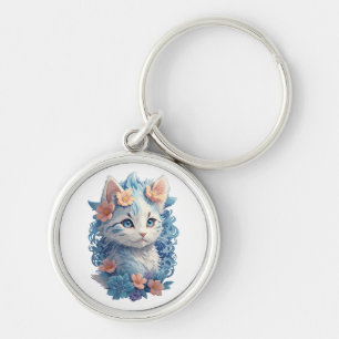 Cute Cat Watercolor Painting with Floral Splash Key Ring