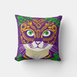 Cute Cat Wearing a Mardi Gras Mask Cushion