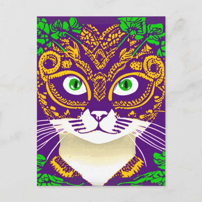 Cute Cat Wearing a Mardi Gras Mask Postcard (Front)
