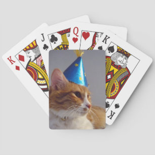 Cute Cat Wearing Blue Party Hat Playing Cards