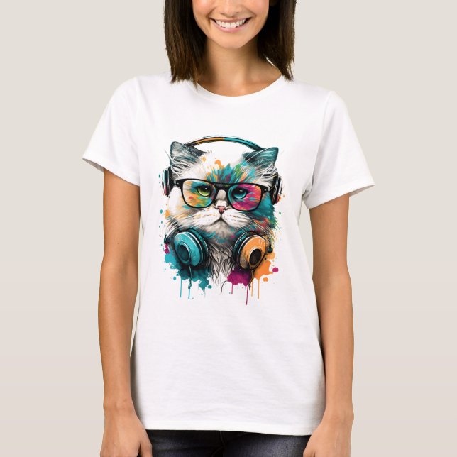 Cute Cat Wearing Glasses & Headset T-Shirt (Front)
