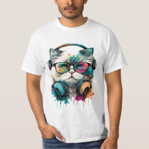 Cute Cat Wearing Glasses & Headset T-Shirt