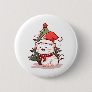 Cute cat wearing Santa hat near Christmas tree 6 Cm Round Badge