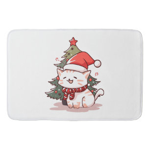 Cute cat wearing Santa hat near Christmas tree Bath Mat