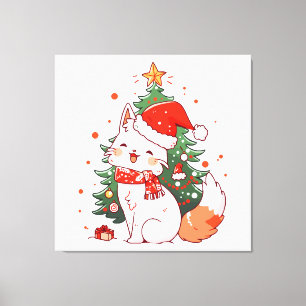 Cute cat wearing Santa hat near Christmas tree Canvas Print