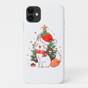 Cute cat wearing Santa hat near Christmas tree iPhone 11 Case