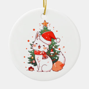 Cute cat wearing Santa hat near Christmas tree Ceramic Tree Decoration