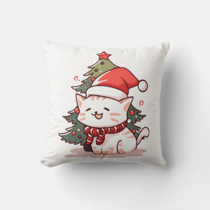 Cute cat wearing Santa hat near Christmas tree Cushion