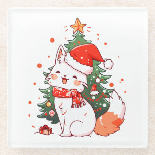 Cute cat wearing Santa hat near Christmas tree Glass Coaster