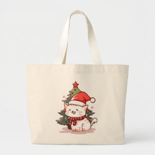Cute cat wearing Santa hat near Christmas tree Large Tote Bag