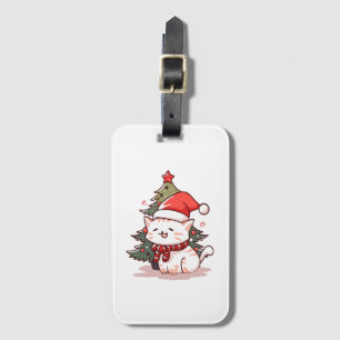 Cute cat wearing Santa hat near Christmas tree Luggage Tag