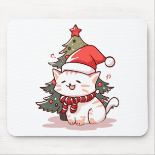 Cute cat wearing Santa hat near Christmas tree Mouse Mat