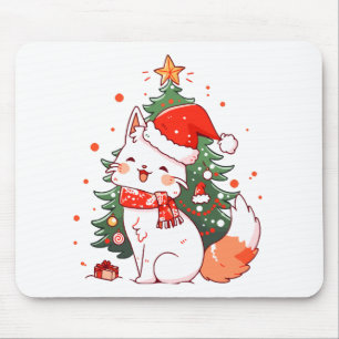 Cute cat wearing Santa hat near Christmas tree Mouse Mat