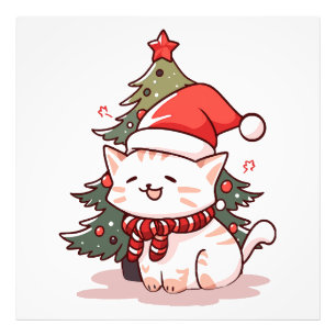 Cute cat wearing Santa hat near Christmas tree Photo Print