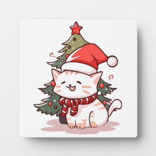 Cute cat wearing Santa hat near Christmas tree Plaque