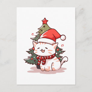 Cute cat wearing Santa hat near Christmas tree Postcard