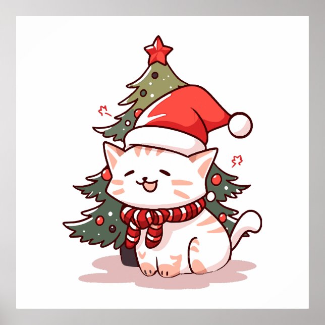 Cute cat wearing Santa hat near Christmas tree Poster (Front)