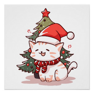 Cute cat wearing Santa hat near Christmas tree Poster