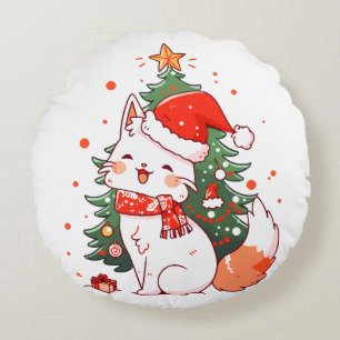 Cute cat wearing Santa hat near Christmas tree Round Cushion