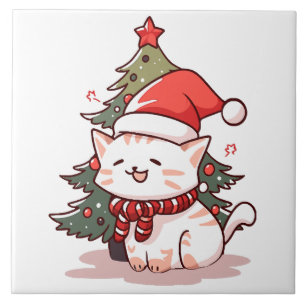 Cute cat wearing Santa hat near Christmas tree Tile